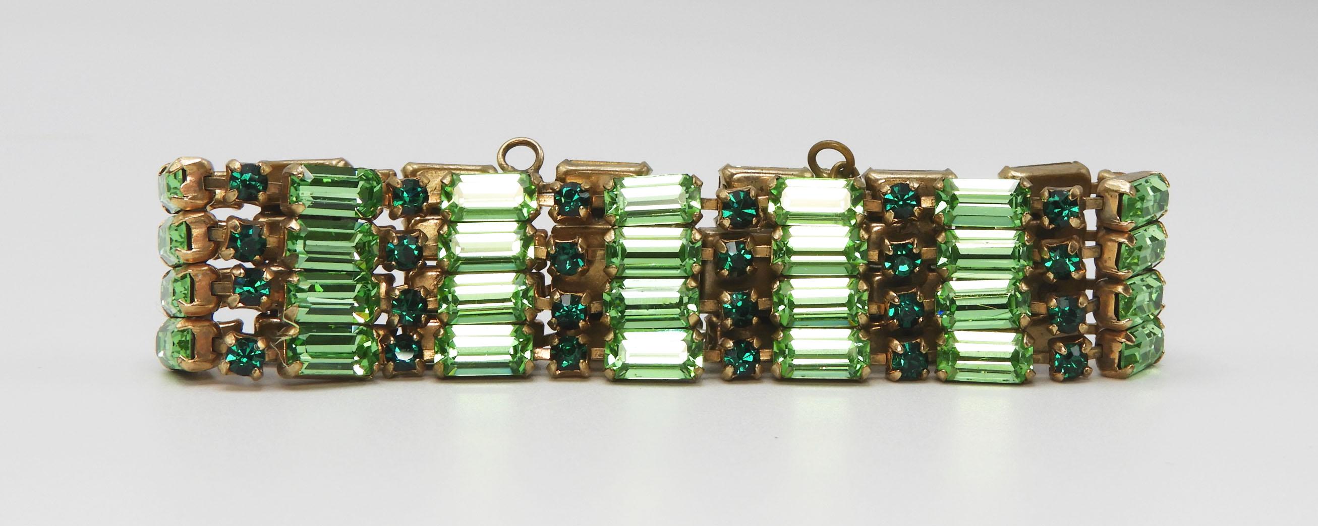 Vintage Green Baguette Rhinestone Bracelet and Earring Set