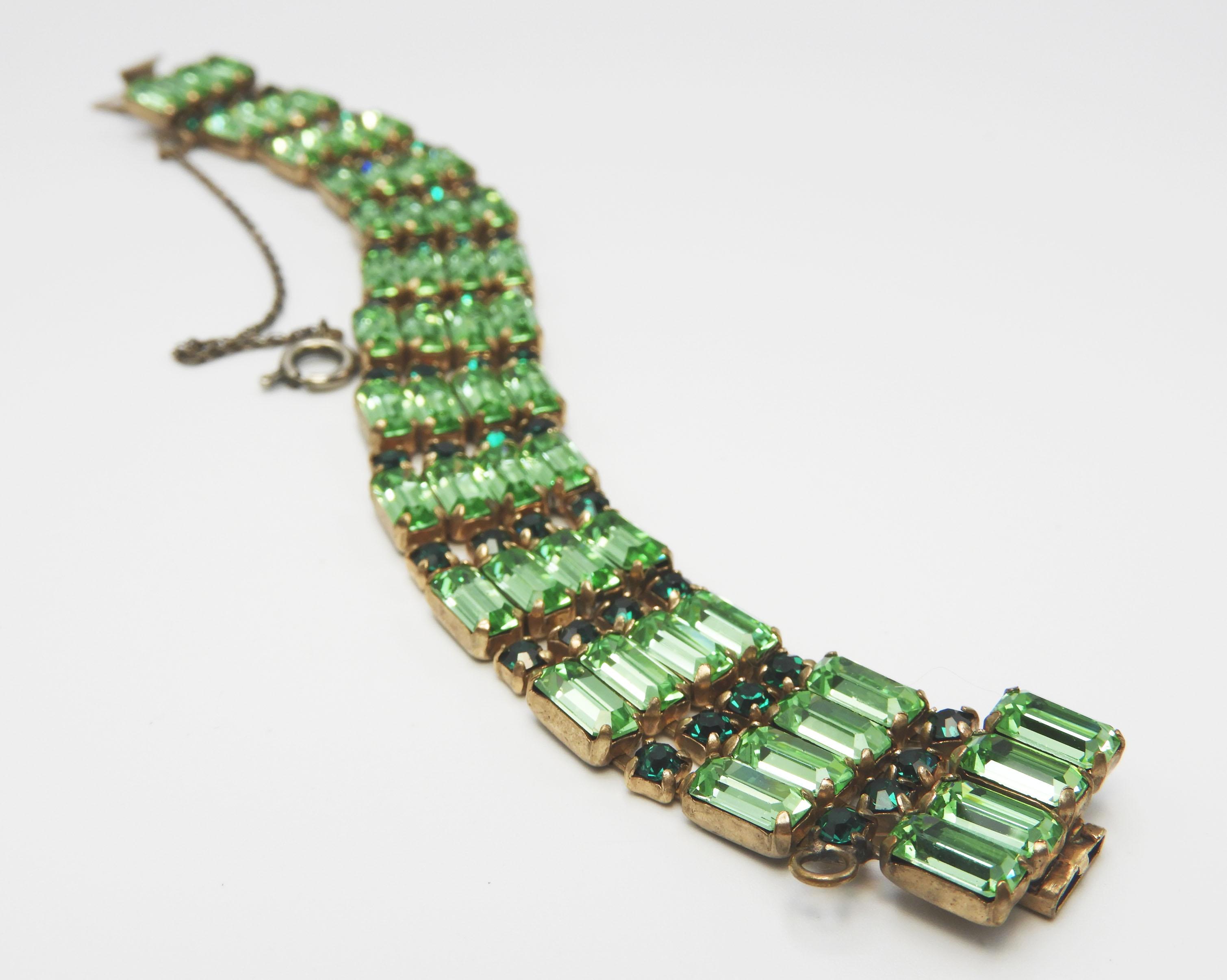 Vintage Green Baguette Rhinestone Bracelet and Earring Set