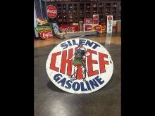 Silent Chief Gasoline Double Sided Porcelain Sign