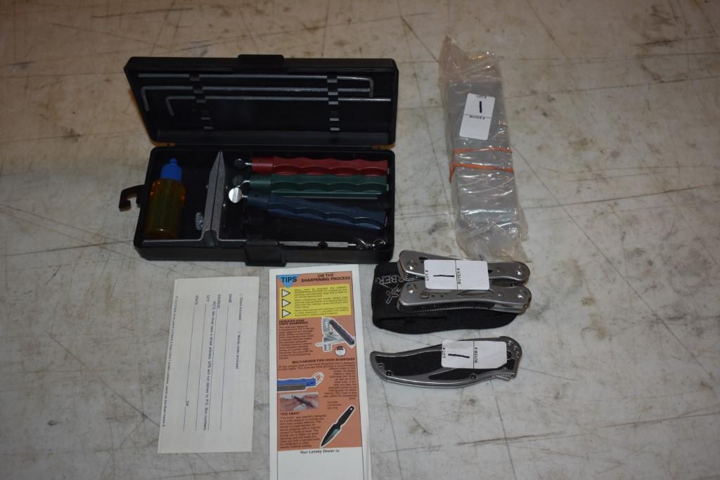 Lanksy Knife sharpening kit, sharpening stone, Gerber multitool, and Kershaw knife