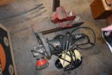 Metabo Grinder, Wilton 3" Bench Vise, Electric Whisker and Box of Drill Bits