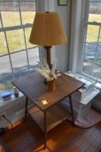 Wooden Table with Wooden Lamp and Decorative Holder