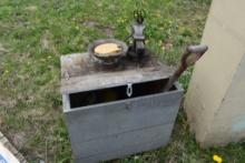 Wooden Storage Box on Wheels with Contents