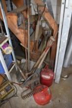 Group of Yard Tools and Gas Cans