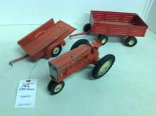 Tru-Scale tractor & 2 wheel cart w/Ertl wagon, played w/condition