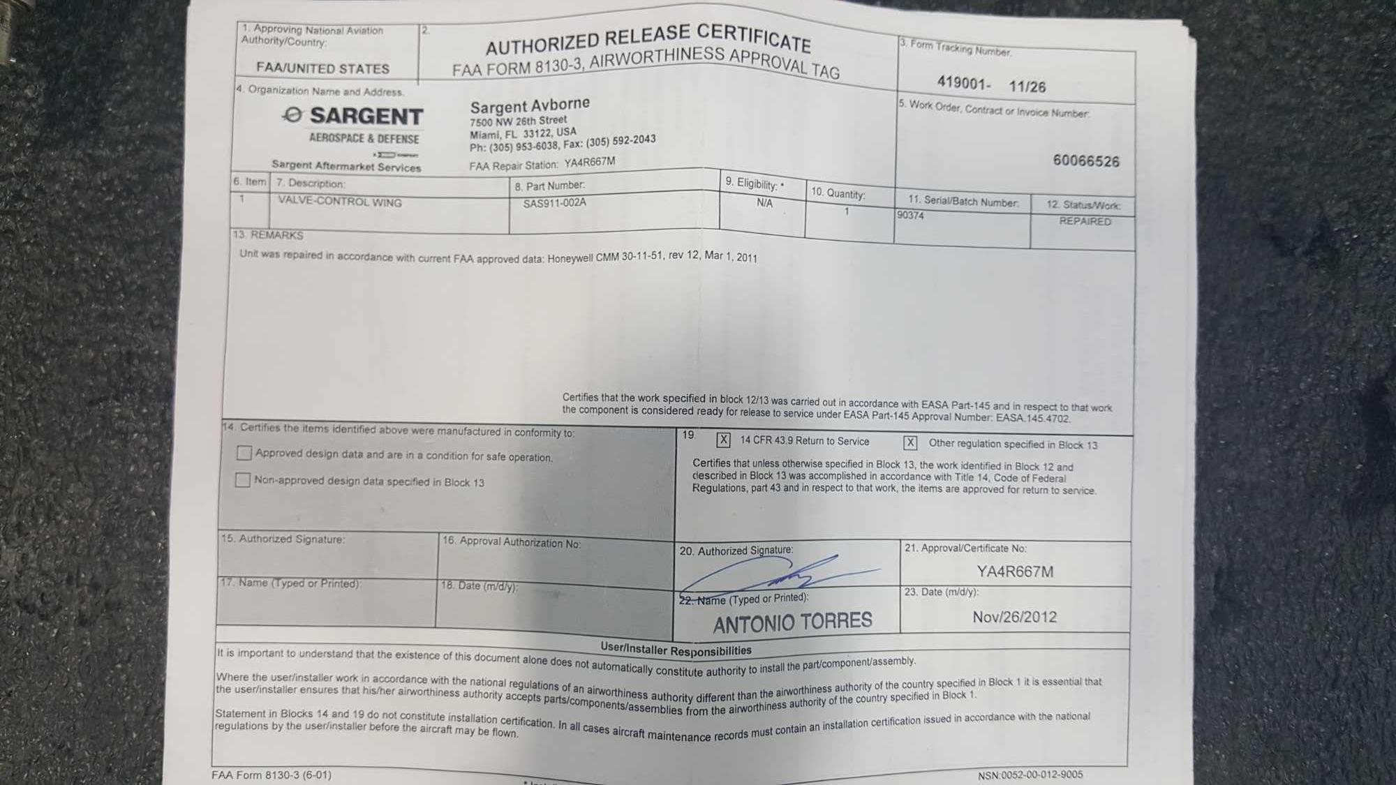 WING ANTI-ICE VALVE SAS911-002 & 002A (1 REPAIRED & 1 INSPECTED)