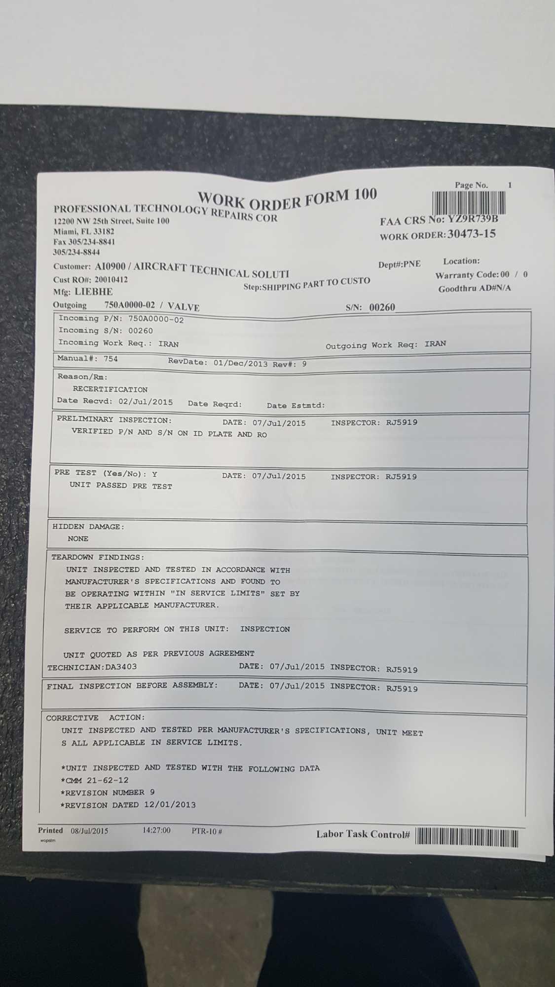 TRIM AIR VALVE 750A0000-02 (1 INSP & 1 REPAIRED)