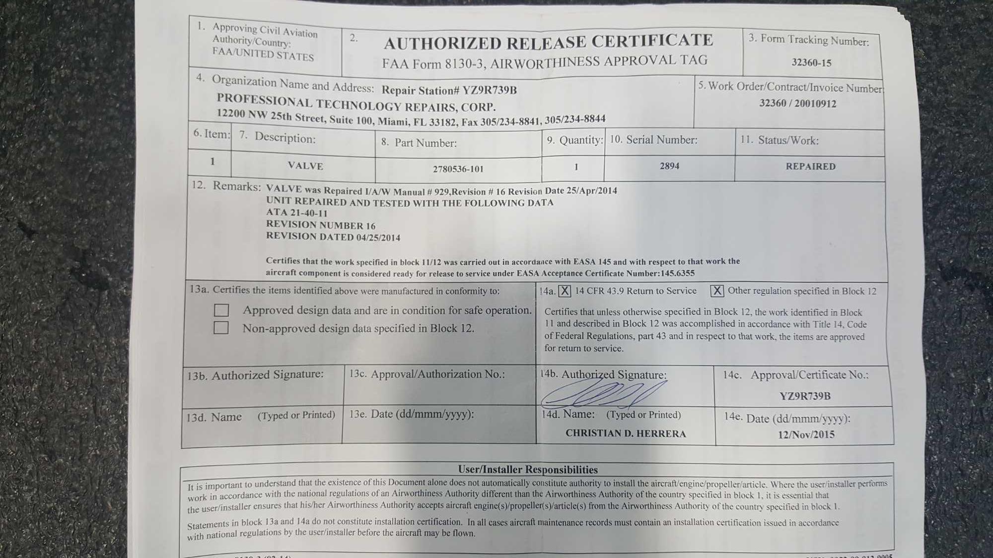 CARGO HEATING VALVE 2780536-101 ( 1 REPAIRED & 1 INSPECTED)