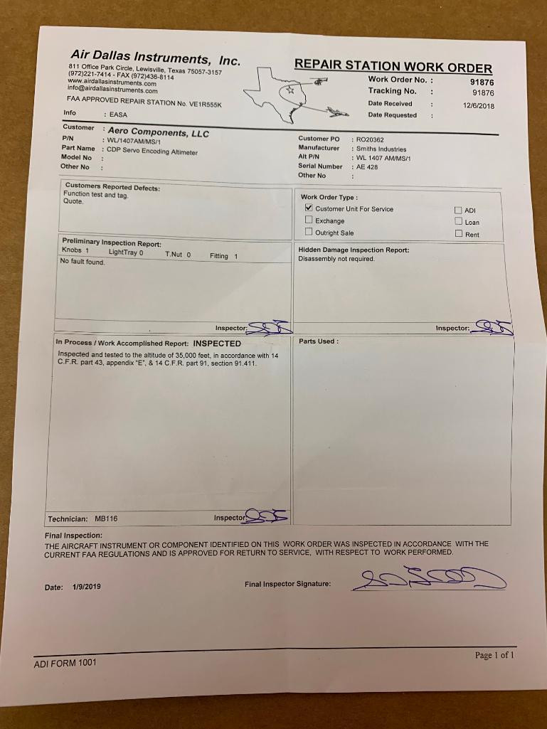 SMITHS SERVO ENCODING ALTIMETER WL/1407AM/MS/1 (INSPECTED)