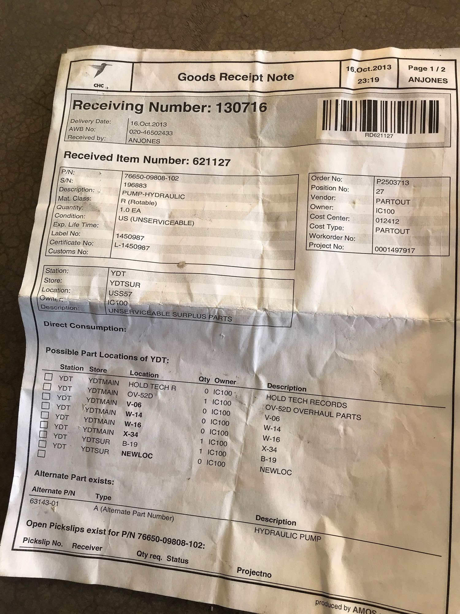 S76 HYDRAULIC PUMPS 76650-09808-102/63143-01 (BOTH REPAIRABLE/REMOVED FROM TEAR DOWNS)