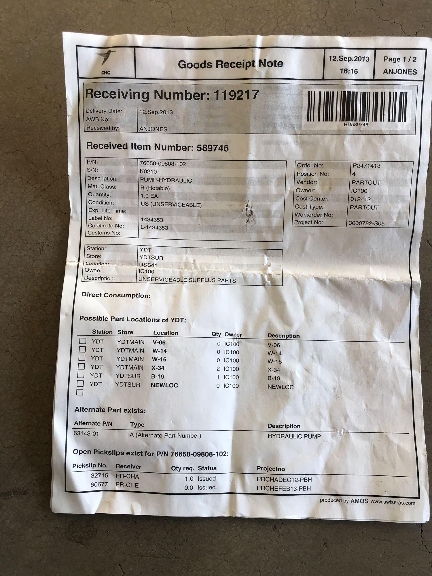 S76 HYDRAULIC PUMPS 76650-09808-102/63143-01 (BOTH REPAIRABLE/REMOVED FROM TEAR DOWNS)