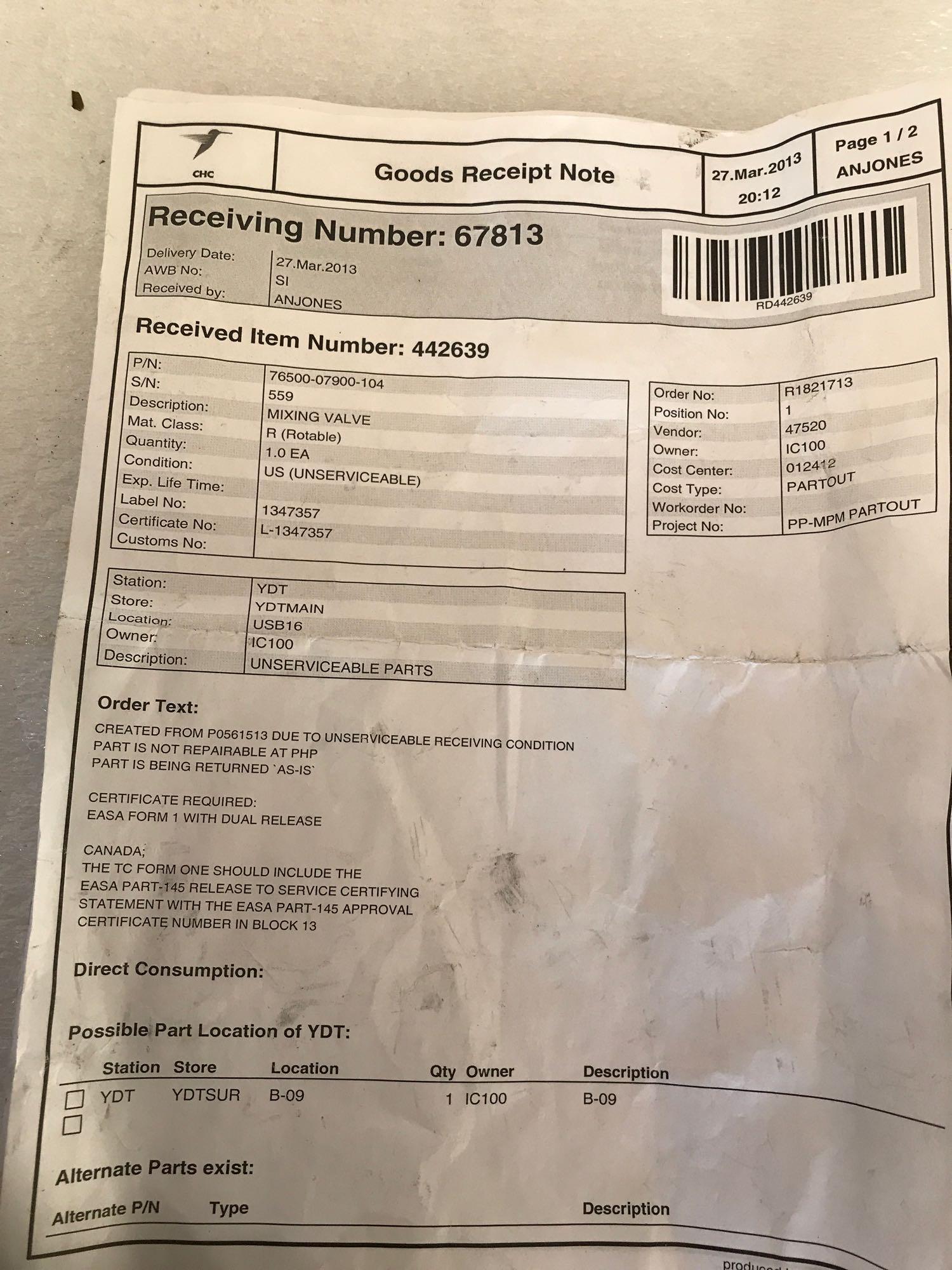 S76 MIXING VALVES 76500-07900-104 (1 WITH REPAIRABLE TAG)