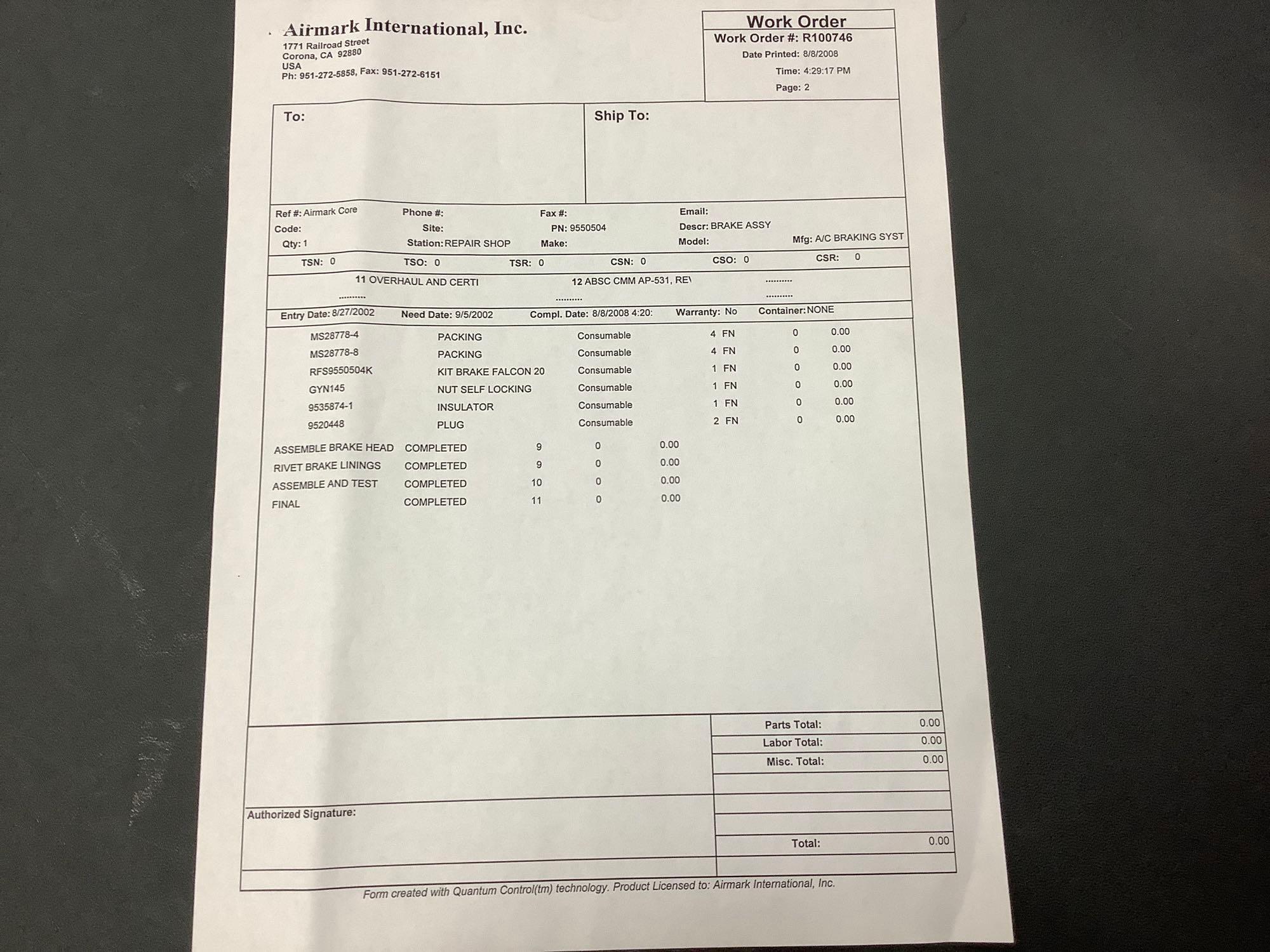 GOODYEAR BRAKE ASSY 9550504 (OVERHAULED) S/N DEC-2369