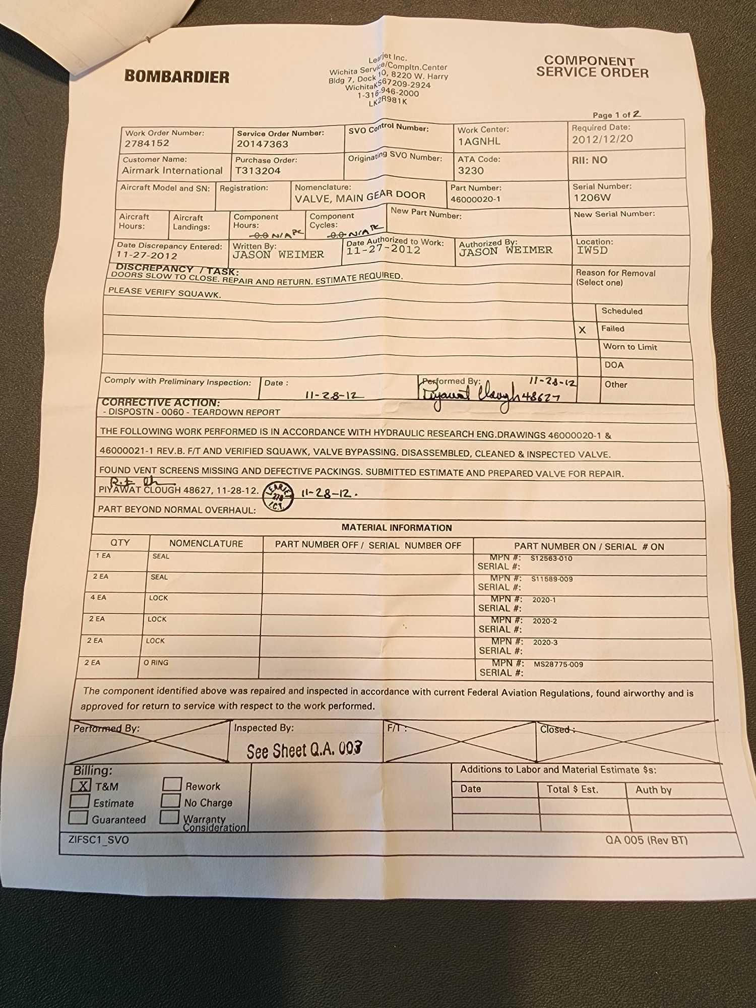 LEAR 40/60 MAIN GEAR DOOR SEQUENCE VALVE 46000020-1 (REPAIRED BY BOMBARDIER) S/N 1206W