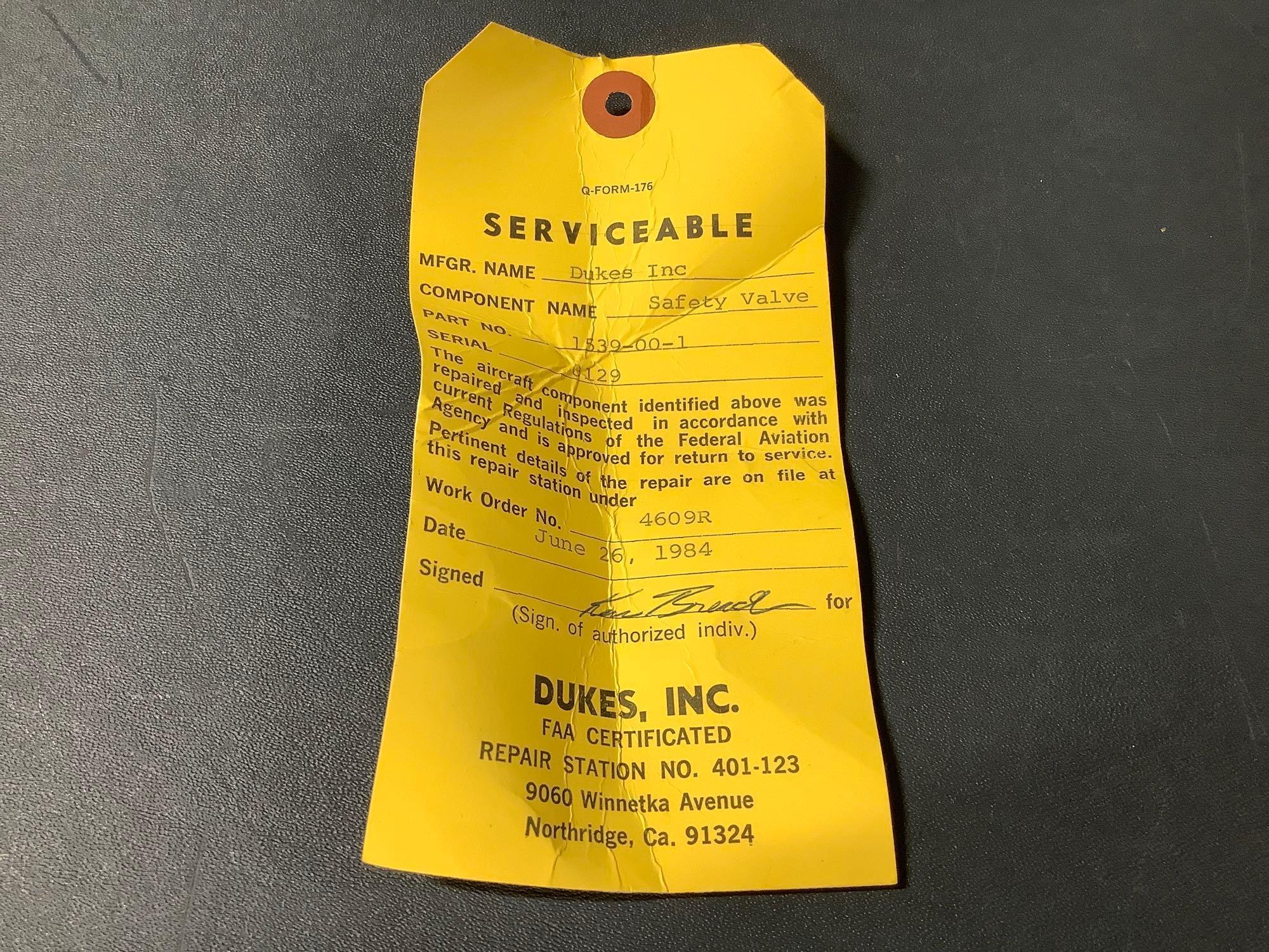 DUKES SAFETY/OUTFLOW VALVES 1539-00-1 (REPAIRED/SOME WITH MANUFACTURES TEST SHEET)