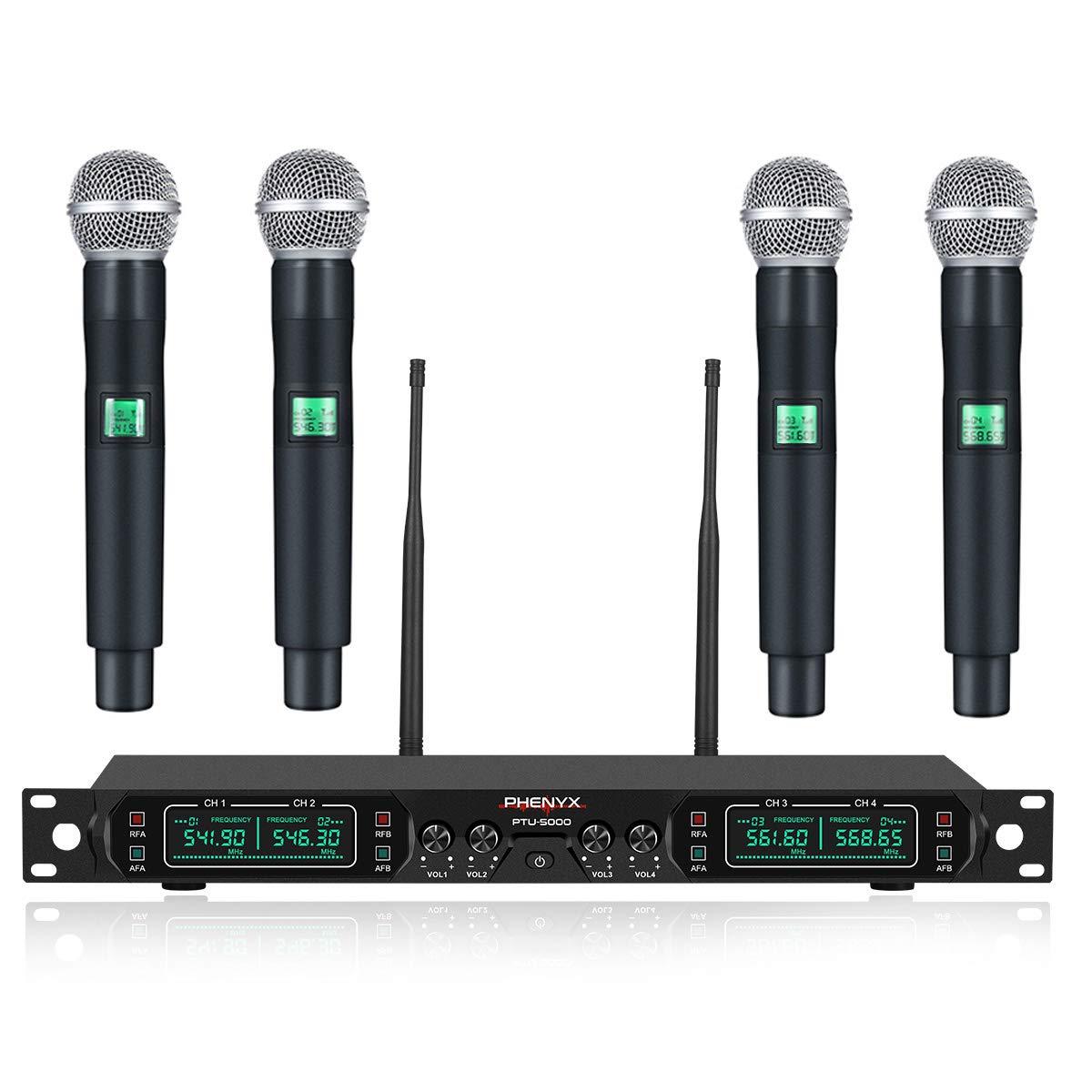 Phenyx Pro 4-Channel UHF Cordless Mic Set With Four Handheld Mics (PTU-5000A)