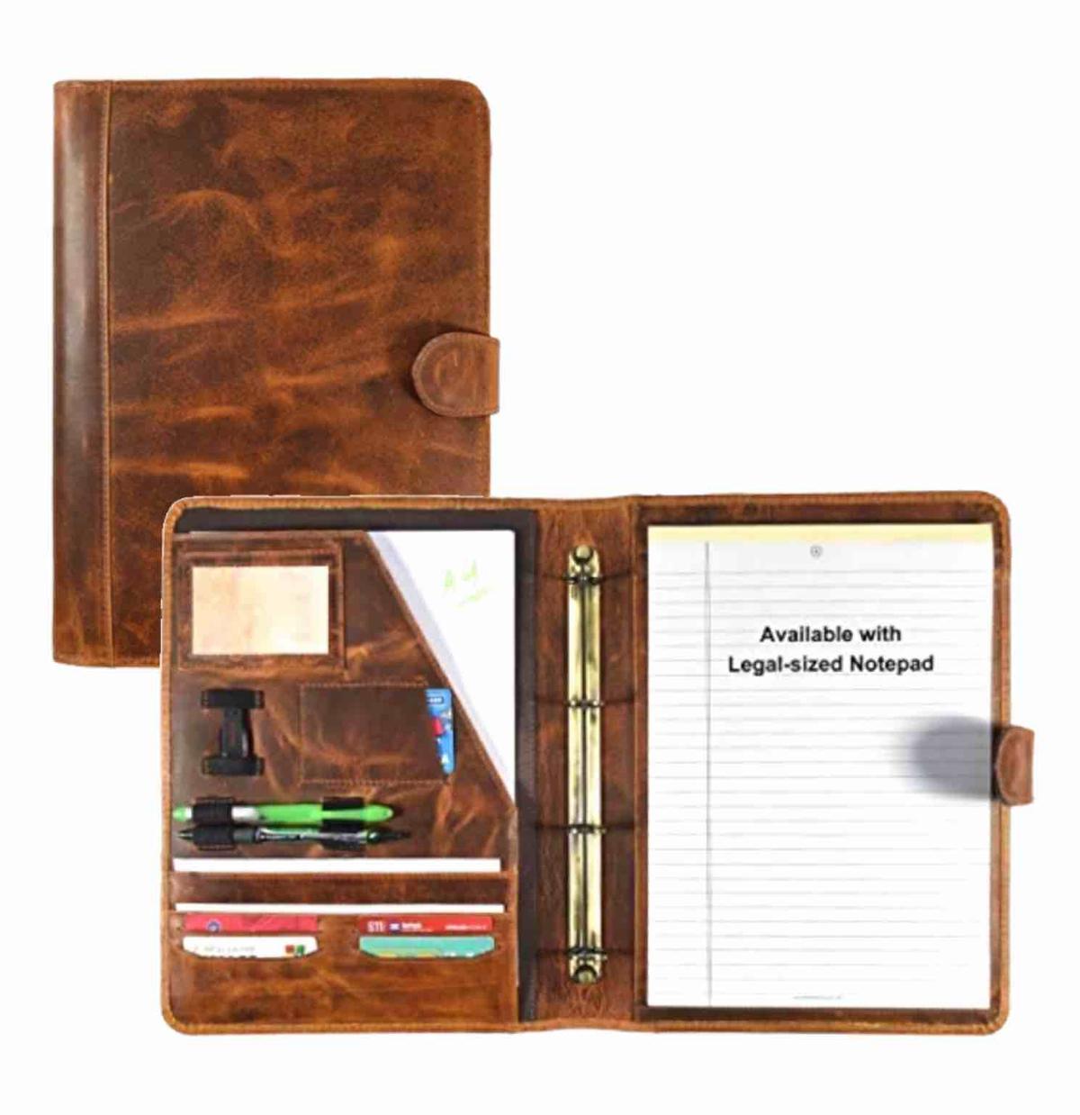 Leather Portfolio for Men and Women - Multi Pocket Padfolio Folder (Brown Crazy Horse)