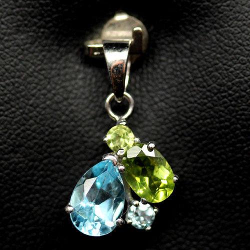 REAL! 6 X 9 mm. SKY BLUE TOPAZ & GREEN PERIDOT 925 SILVER STERLING PENDANT