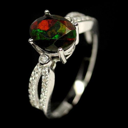 CHARMING! REAL! 6 X 8 mm. FANCY CLR PLAY OPAL & WHITE CZ 925 SILVER RING