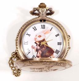 ALICE IN WONDERLAND RABBIT POCKET WATCH W/ CHAIN