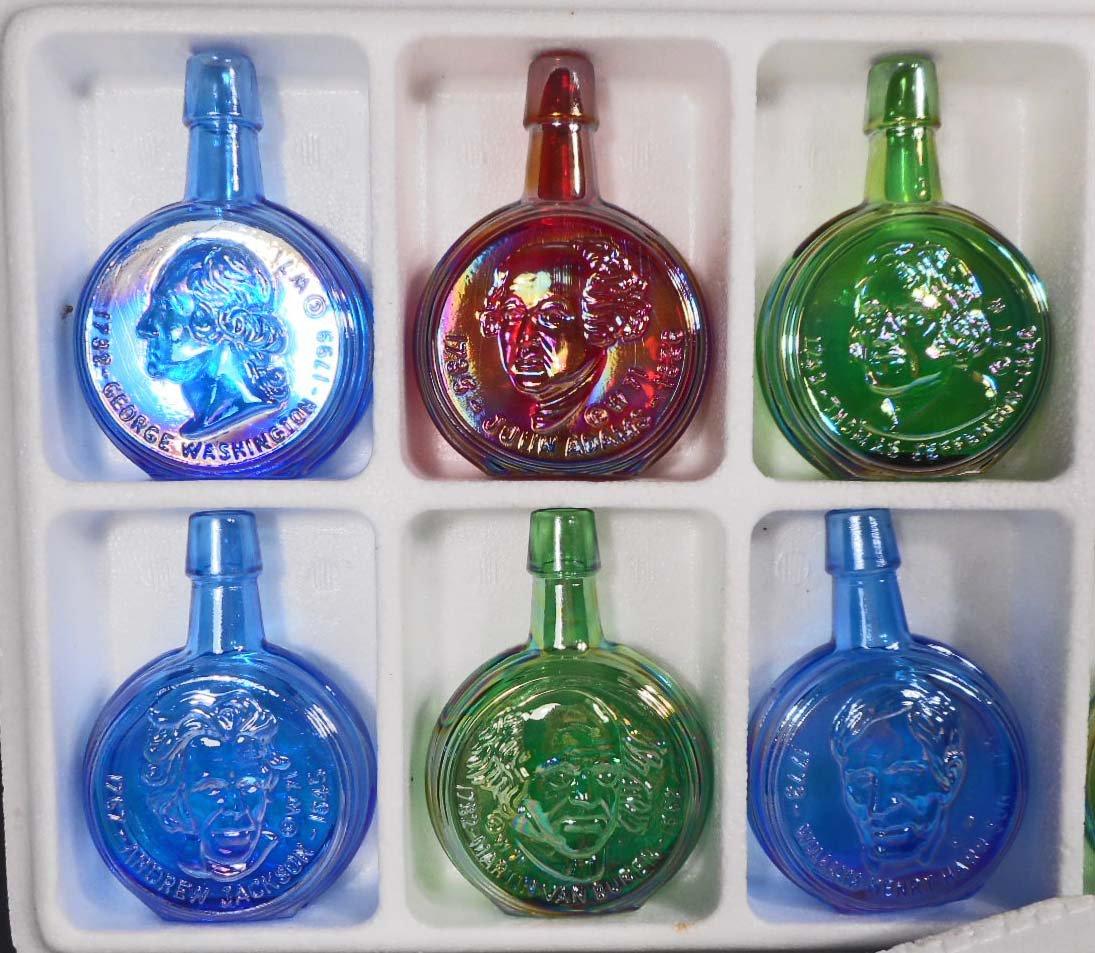 SET OF 12 VINTAGE WHEATON CARNIVAL GLASS US PRESIDENTS COLLECTIBLE BOTTLES