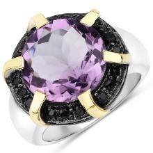 Plated Rhodium 6.56ct Amethyst and Black Spinel Ring