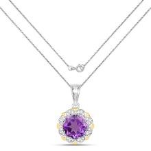 Plated Rhodium 1.80ct Amethyst and Diamond Pendant with Chain