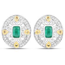 Rhodium Plated 0.69ctw Emerald and Diamond Earrings