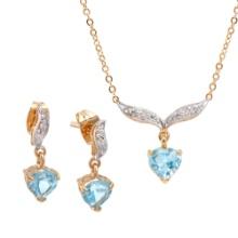 Plated 18KT Yellow Gold 3.10ctw Blue Topaz and Diamond Pendant with Chain and Earrings
