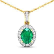 14KT Yellow Gold 1.00ct Zambian Emerald and Diamond Pendant with Chain
