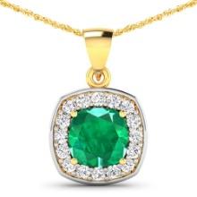 14KT Yellow Gold 2.00ct Zambian Emerald and Diamond Pendant with Chain
