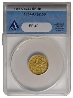 1854-O $2.5 Liberty Quarter Eagle Gold Coin ANACS EF40