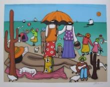 Elke Sommer On The Beach Hand Signed Limited Edition Serigraph Folk Art