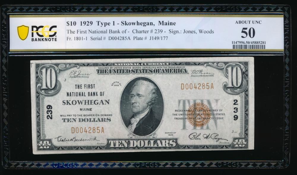 1929 $10 Skowhegan ME National PCGS 50