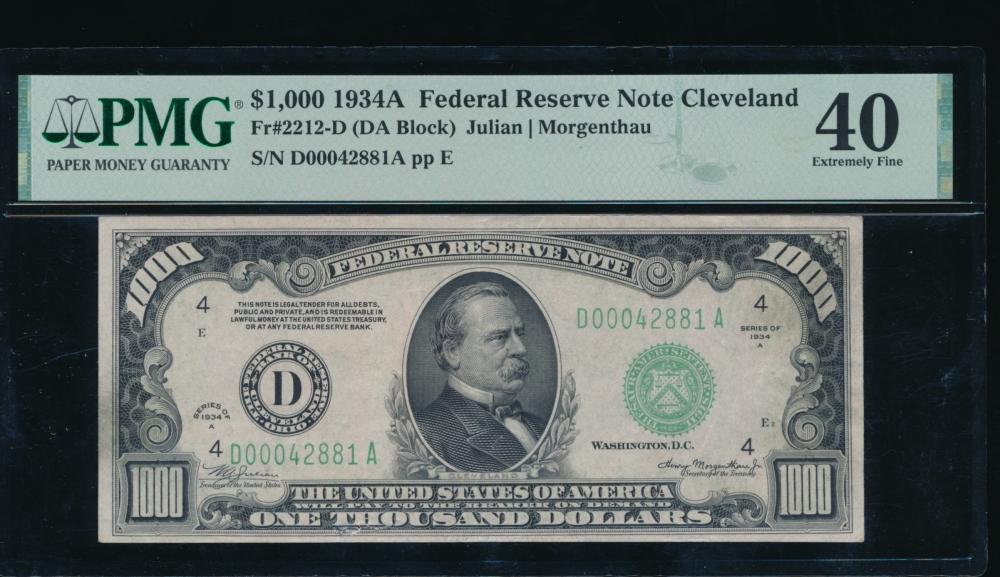 1934A $1000 Cleveland FRN PMG 40