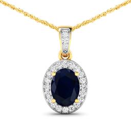 14KT Yellow Gold 1.30ct Blue Sapphire and Diamond Pendant with Chain