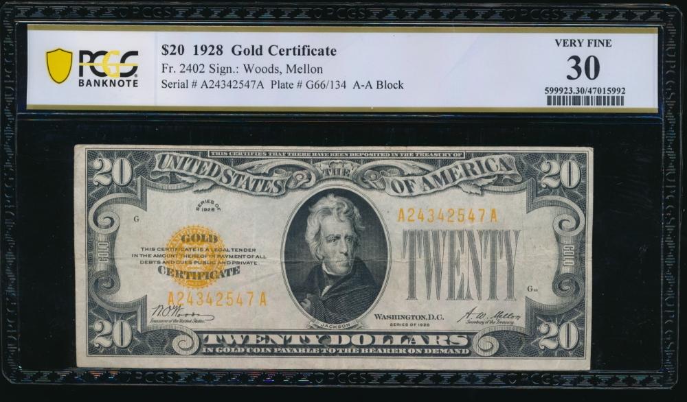 1928 $20 Gold Certificate PCGS 30