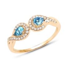 14KT Yellow Gold 0.45ctw Swiss Blue Topaz and White Diamond Ring