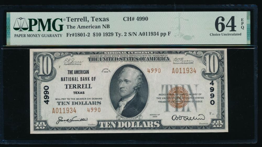 1929 $10 Terrell TX National PMG 64EPQ
