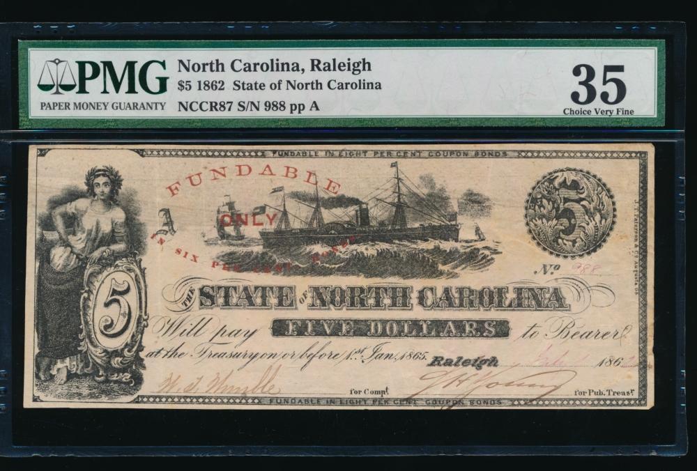 1862 $5 Raleigh NC Obsolete PMG 35