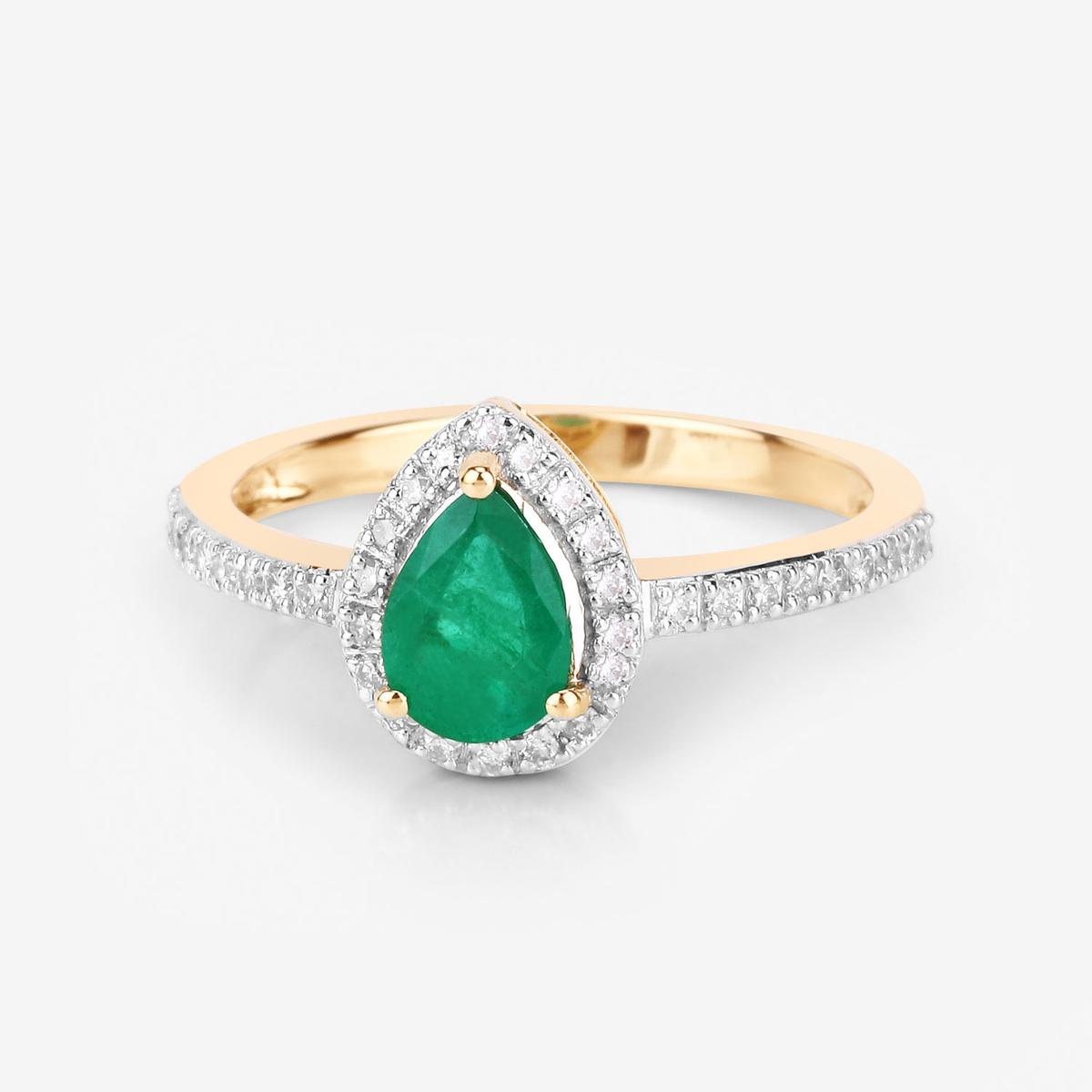 14KT Yellow Gold 0.88ctw Zambian Emerald and White Diamond Ring