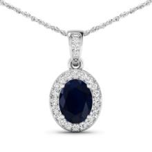 14KT White Gold 1.30ct Blue Sapphire and Diamond Pendant with Chain