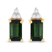 14KT Yellow Gold 0.59ctw Green Tourmaline and White Diamond Earrings