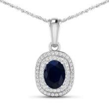 14KT White Gold 1.3ct Blue Sapphire and Diamond Pendant with Chain