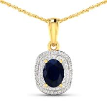 14KT Yellow Gold 1.3ct Blue Sapphire and Diamond Pendant with Chain