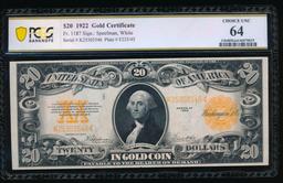 1922 $20 Gold Certificate PCGS 64