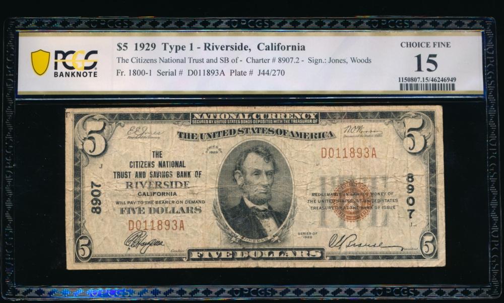 1929 $5 Riverside CA National PCGS 15
