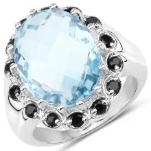 Plated Rhodium 11.93ct Blue Topaaz and Black Spinel Ring