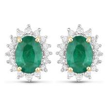 14KT Yellow Gold 1.86ctw Zambian Emerald and White Diamond Earrings