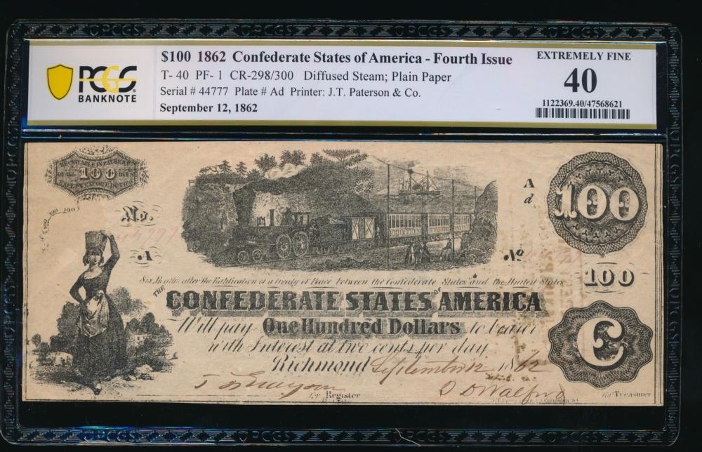 1862 $100 T-40 Confederate PCGS 40